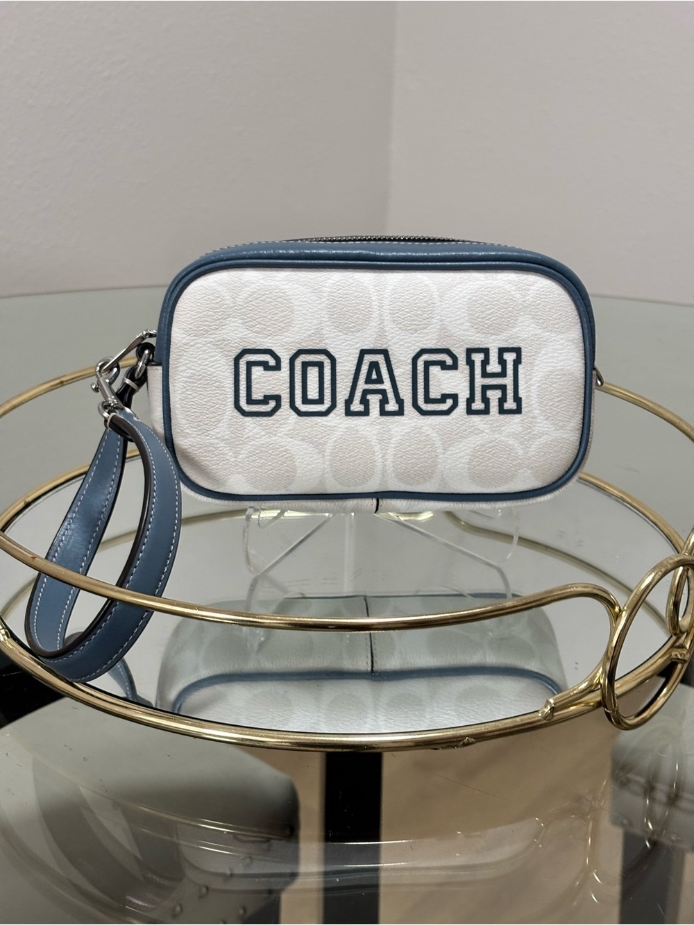 Coach Jamie Wristlet In Signature Canvas With Varsity Motif, Chalk/Light Blue